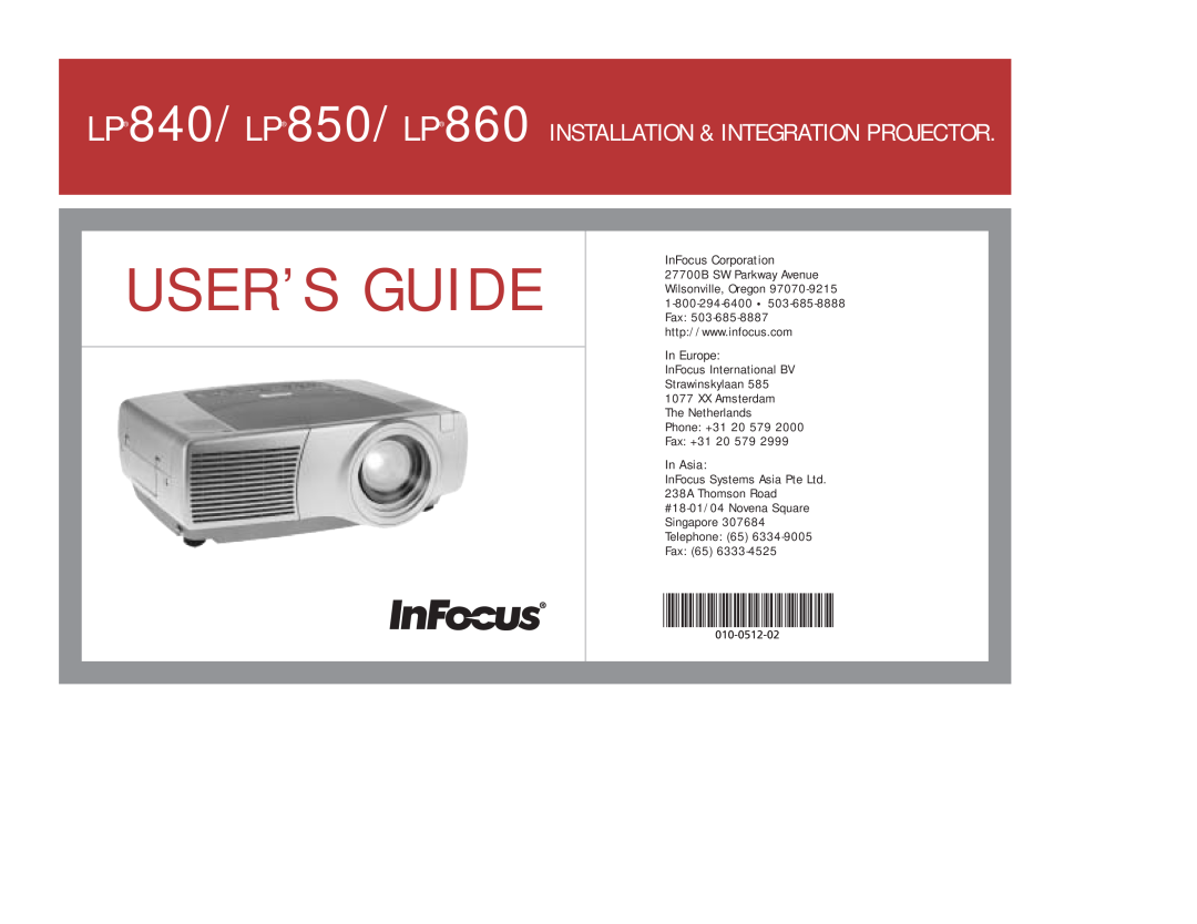 InFocus manual User’S Guide, LP840/LP850/LP860 INSTALLATION & INTEGRATION PROJECTOR, Fax 65 