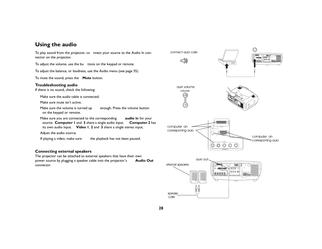 InFocus LP860, LP850 manual Using the audio, Troubleshooting audio, Connecting external speakers 