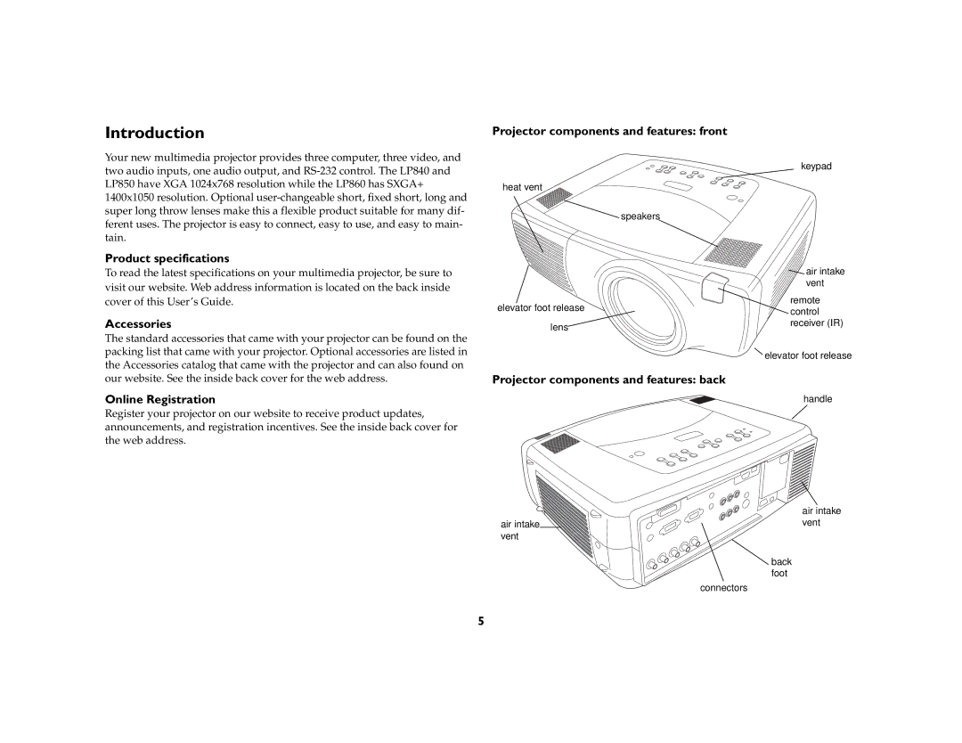 InFocus LP850, LP860 manual Introduction, Accessories, Online Registration, Projector components and features back 