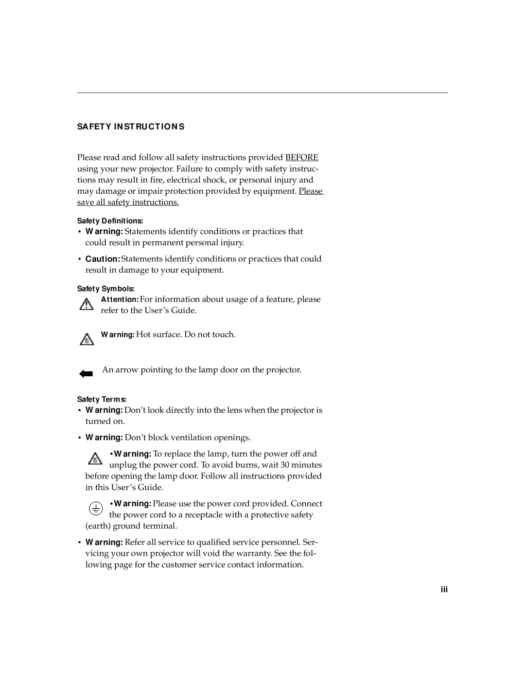 InFocus LPTM425z warranty Safety Instructions 