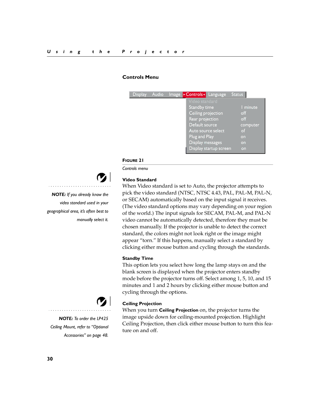 InFocus LPTM425z warranty Controls Menu 