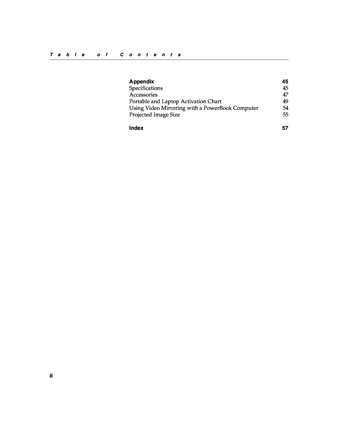 InFocus LPTM425z Appendix, Index, Specifications, Accessories, Portable and Laptop Activation Chart, Projected Image Size 