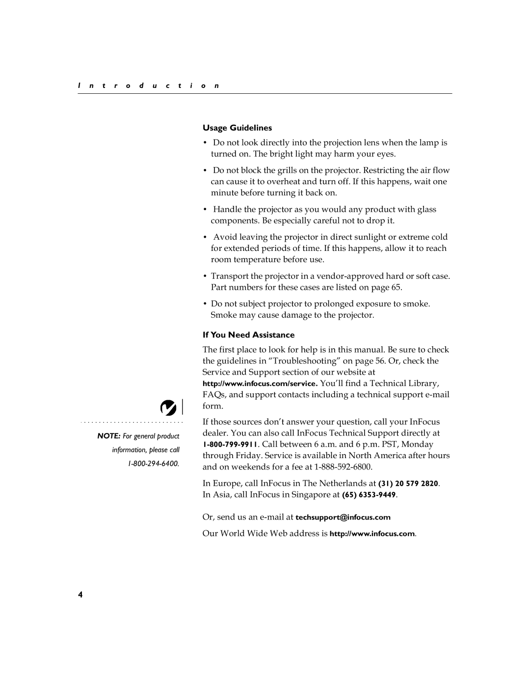 InFocus LS110 manual Usage Guidelines, Plqxwhehiruhwxuqlqjlwedfnrq, Urrpwhpshudwxuhehiruhxvh, If You Need Assistance 