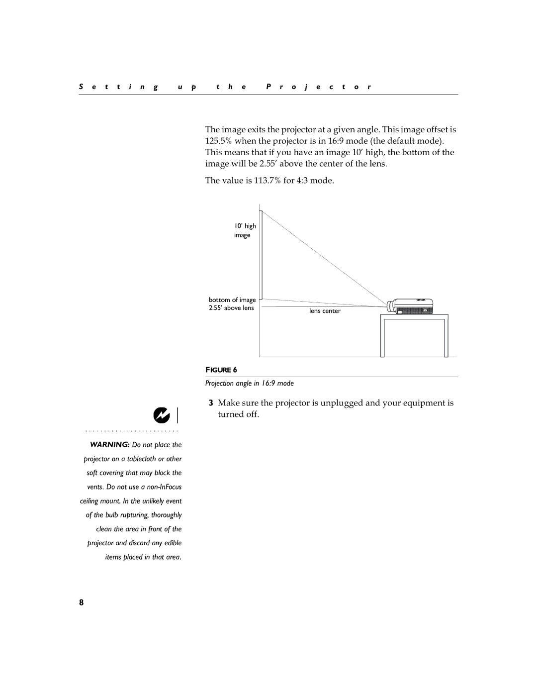 InFocus LS110 manual 7KHLPDJHHLWVWKHSURMHFWRUDWDJLYHQDQJOH7KLVLPDJHRIIVHWLV, Wxuqhgrii, Projection angle in 169 mode 