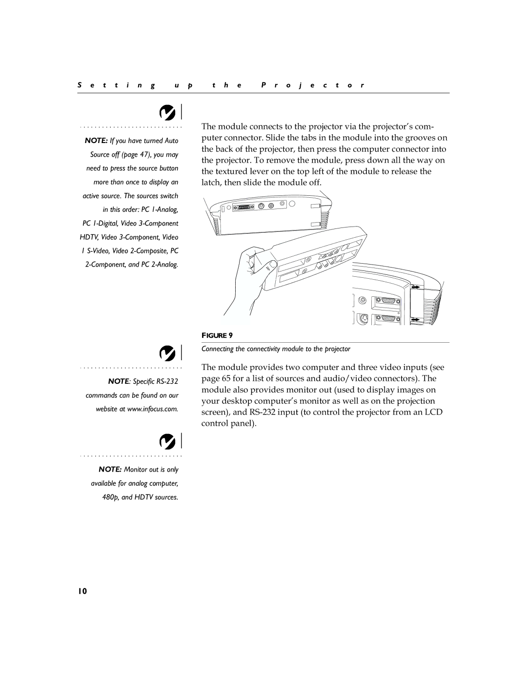 InFocus LS110 manual HDTV, Video 3-Component, Video, Connecting the connectivity module to the projector 