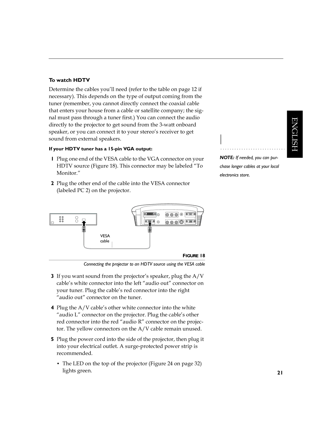 InFocus LS110 manual To watch Hdtv, If your Hdtv tuner has a 15-pin VGA output 