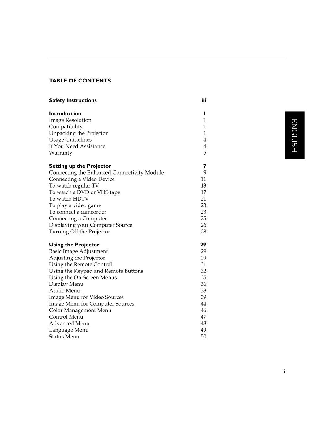 InFocus LS110 manual Table of Contents 