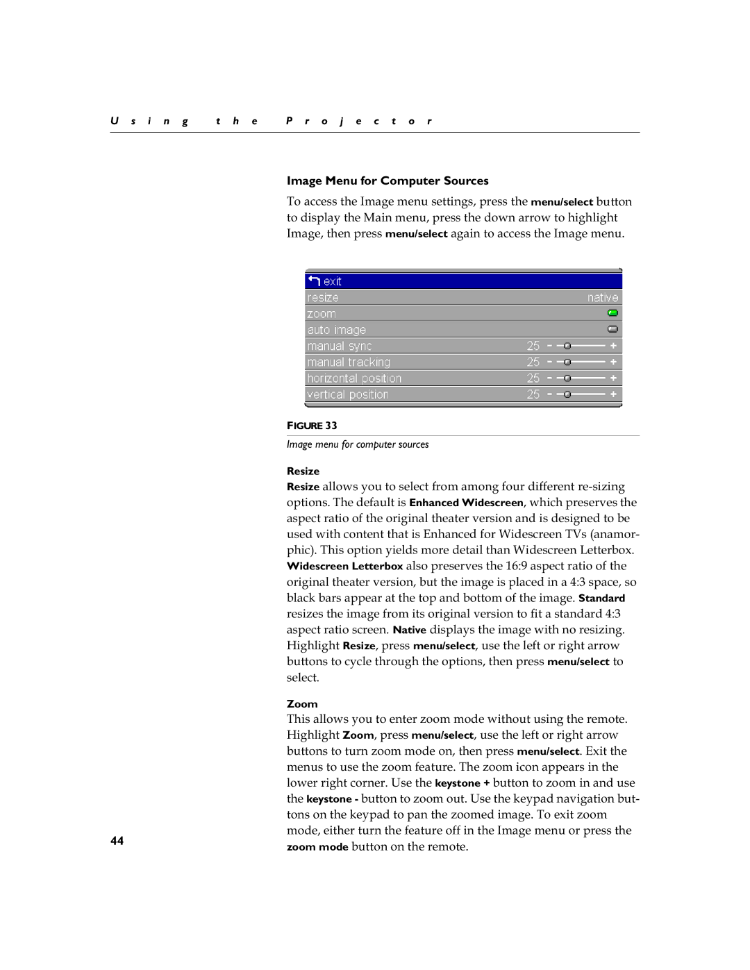 InFocus LS110 manual Image Menu for Computer Sources, Image menu for computer sources 