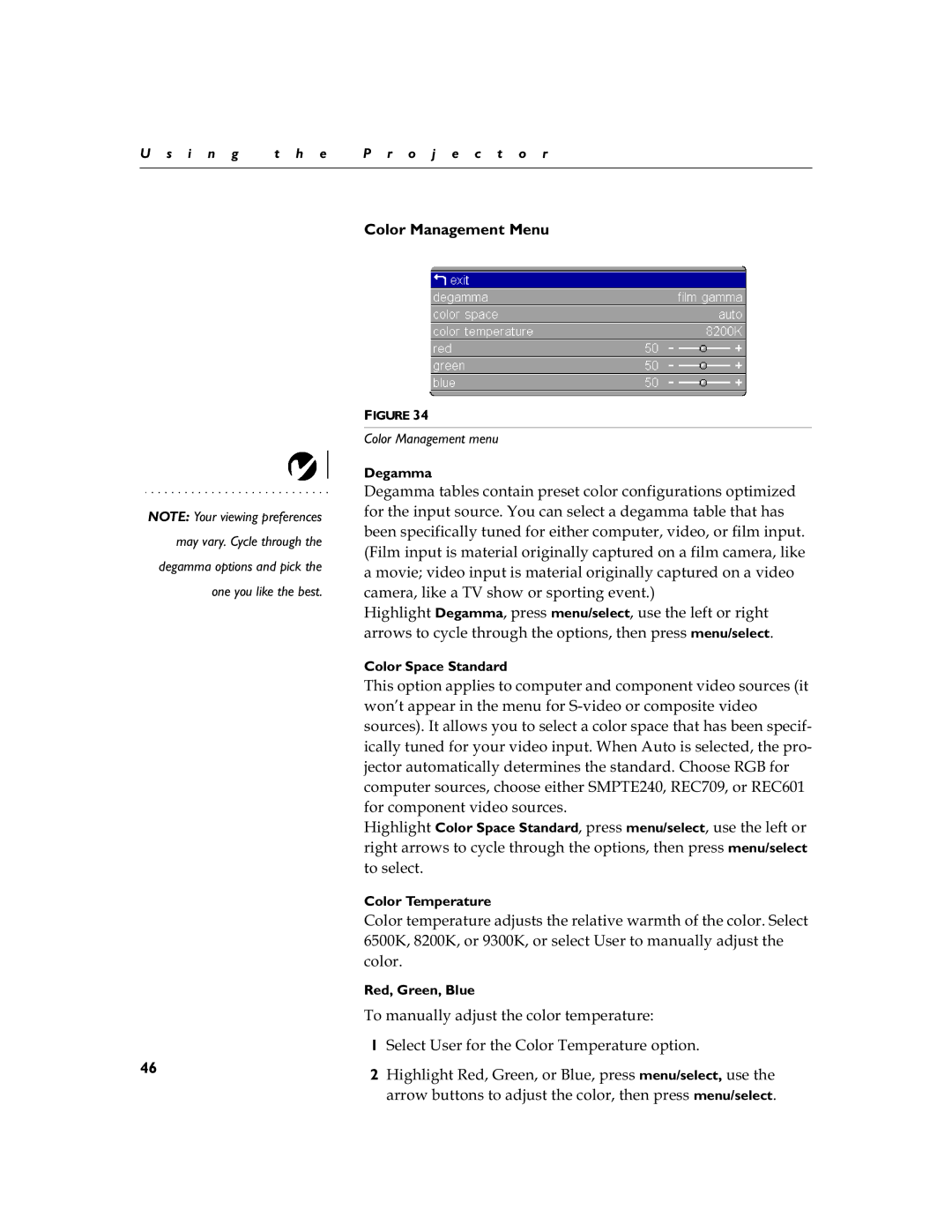 InFocus LS110 manual Color Management Menu, Irufrpsrqhqwylghrvrxufhv, Froru, 7RPDQXDOO\DGMXVWWKHFRORUWHPSHUDWXUH 