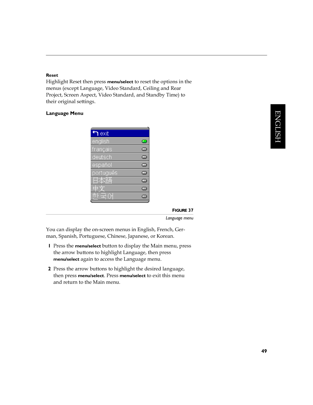 InFocus LS110 manual Wkhluruljlqdovhwwlqjv, Language Menu, Reset, Language menu 