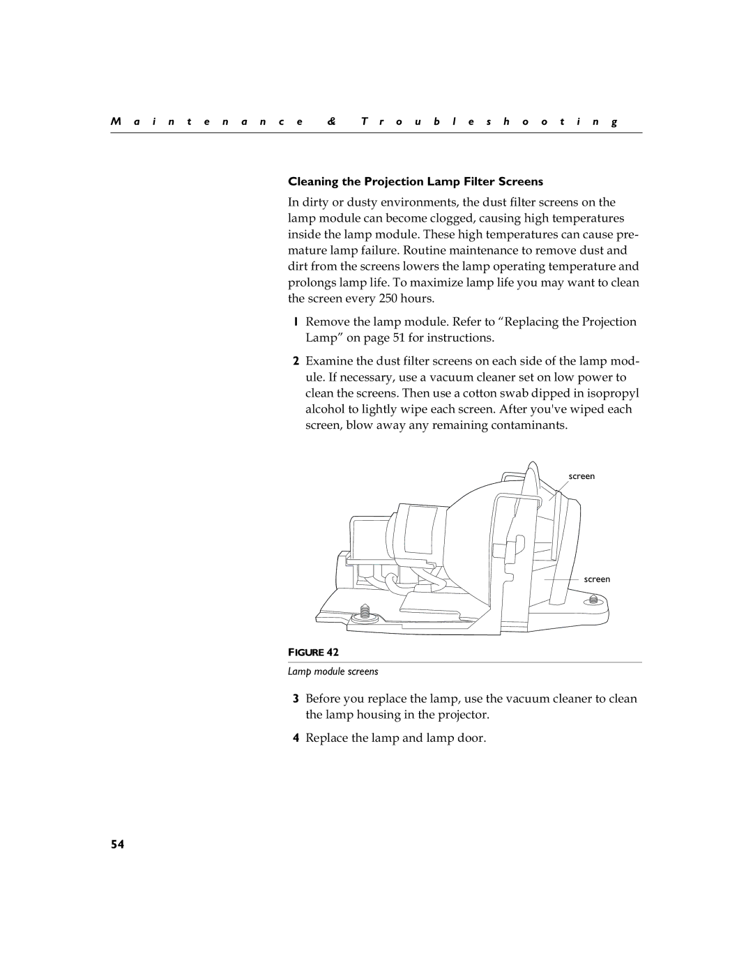 InFocus LS110 manual Cleaning the Projection Lamp Filter Screens, Wkhodpskrxvlqjlqwkhsurmhfwru 5HSODFHWKHODPSDQGODPSGRRU 