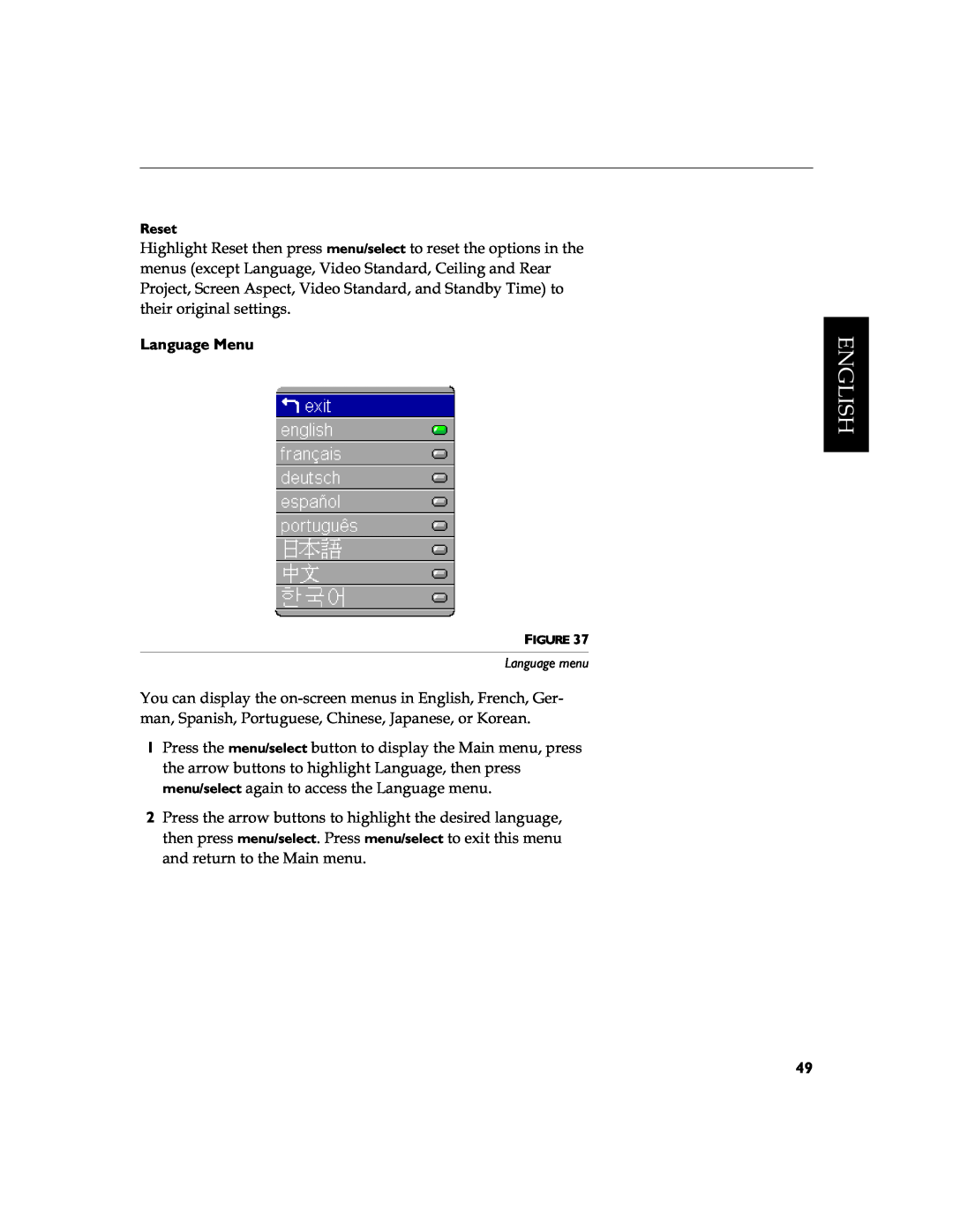 InFocus LS110 manual Wkhluruljlqdovhwwlqjv, 1*/,6+, Language Menu, Reset, Language menu 