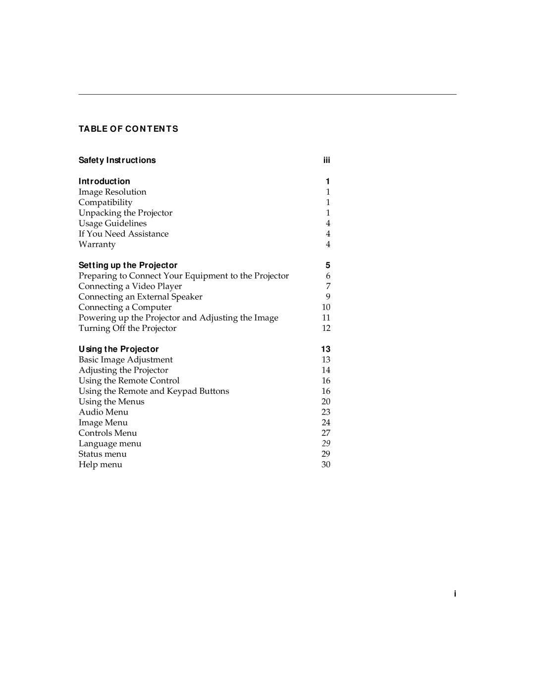 InFocus LS700 warranty Table of Contents 