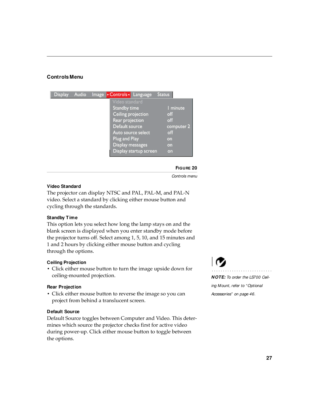 InFocus LS700 warranty Controls Menu 