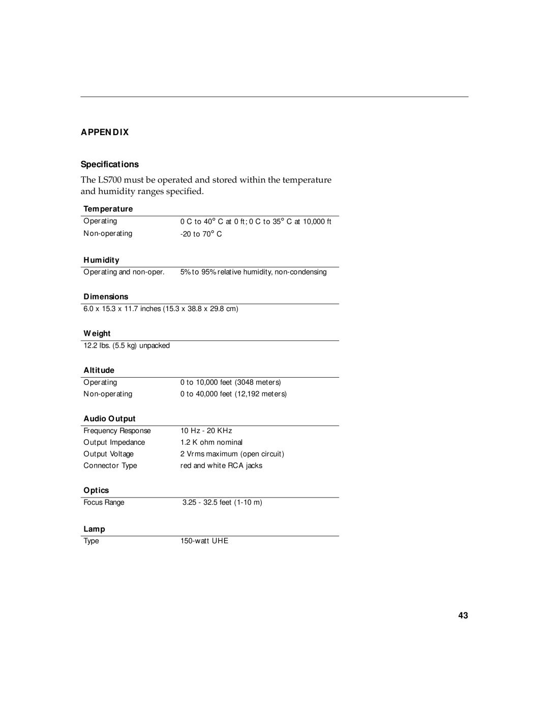 InFocus LS700 warranty Appendix, Specifications 