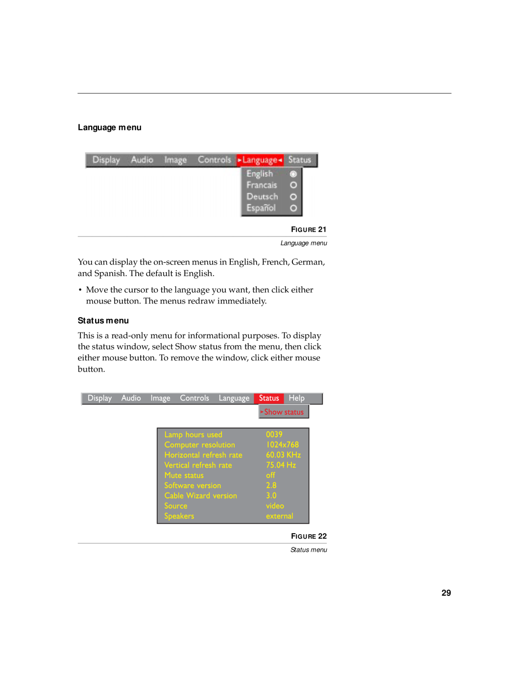 InFocus LS700 warranty Language menu, Status menu 