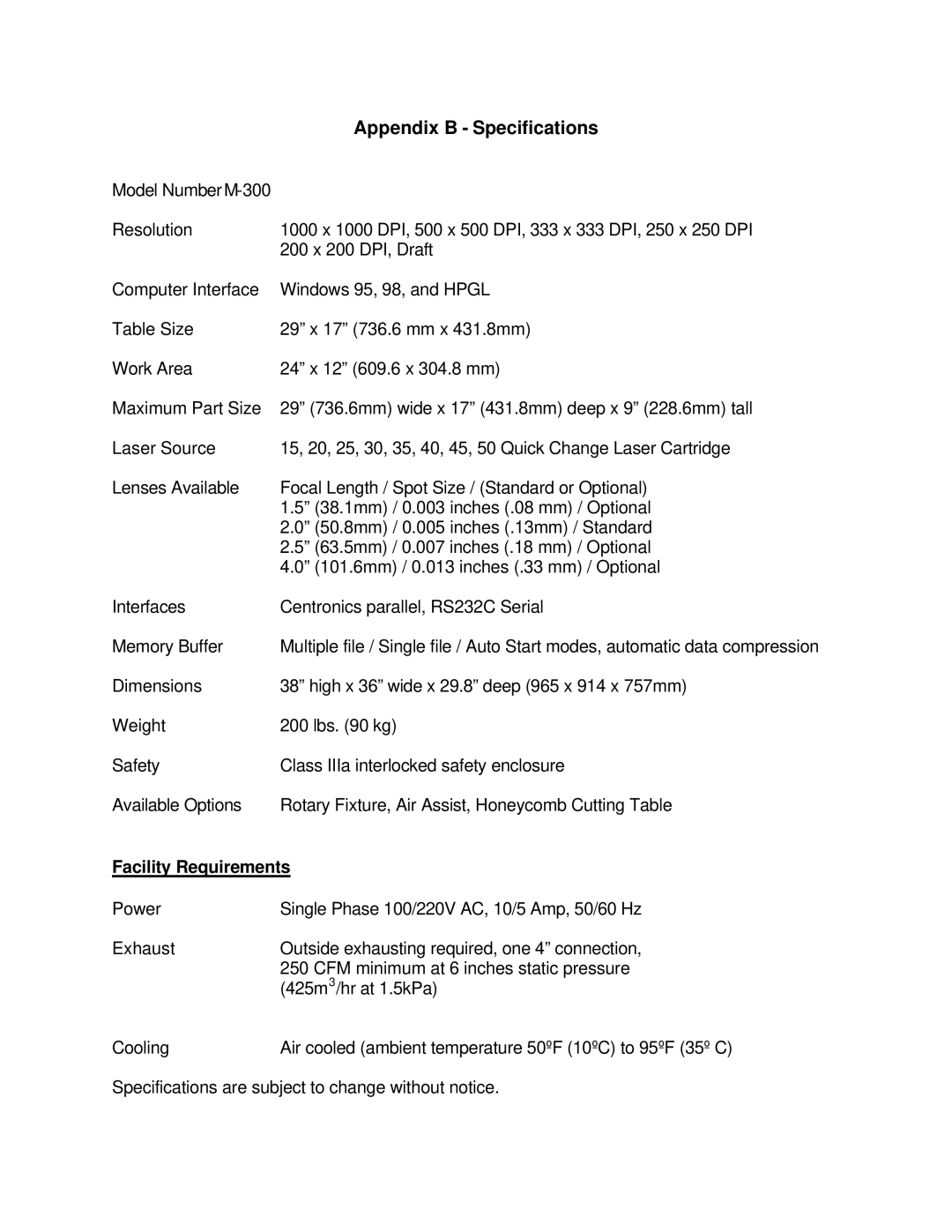 InFocus M-300 manual Appendix B Specifications, Facility Requirements 