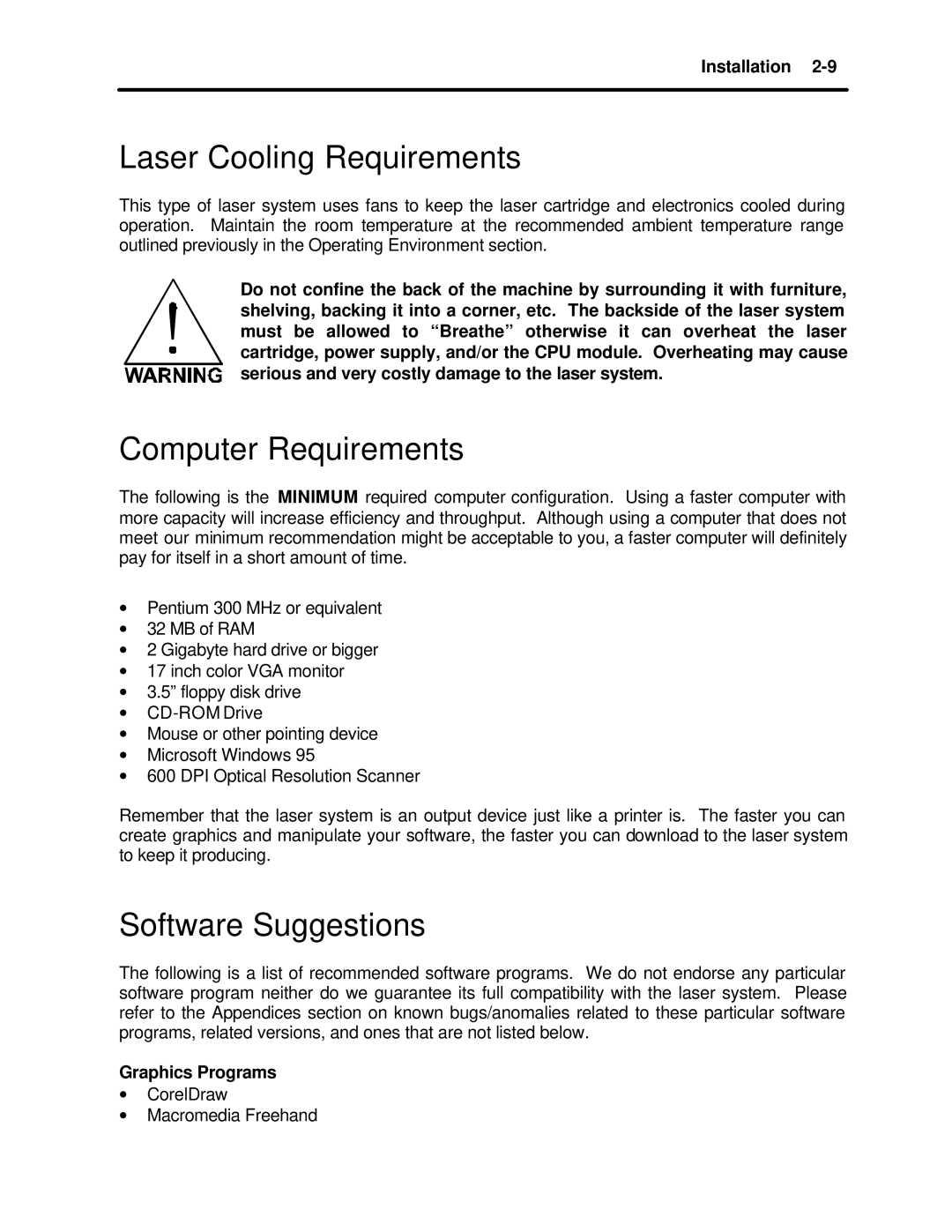 InFocus M-300 manual Laser Cooling Requirements, Computer Requirements, Software Suggestions, Graphics Programs 