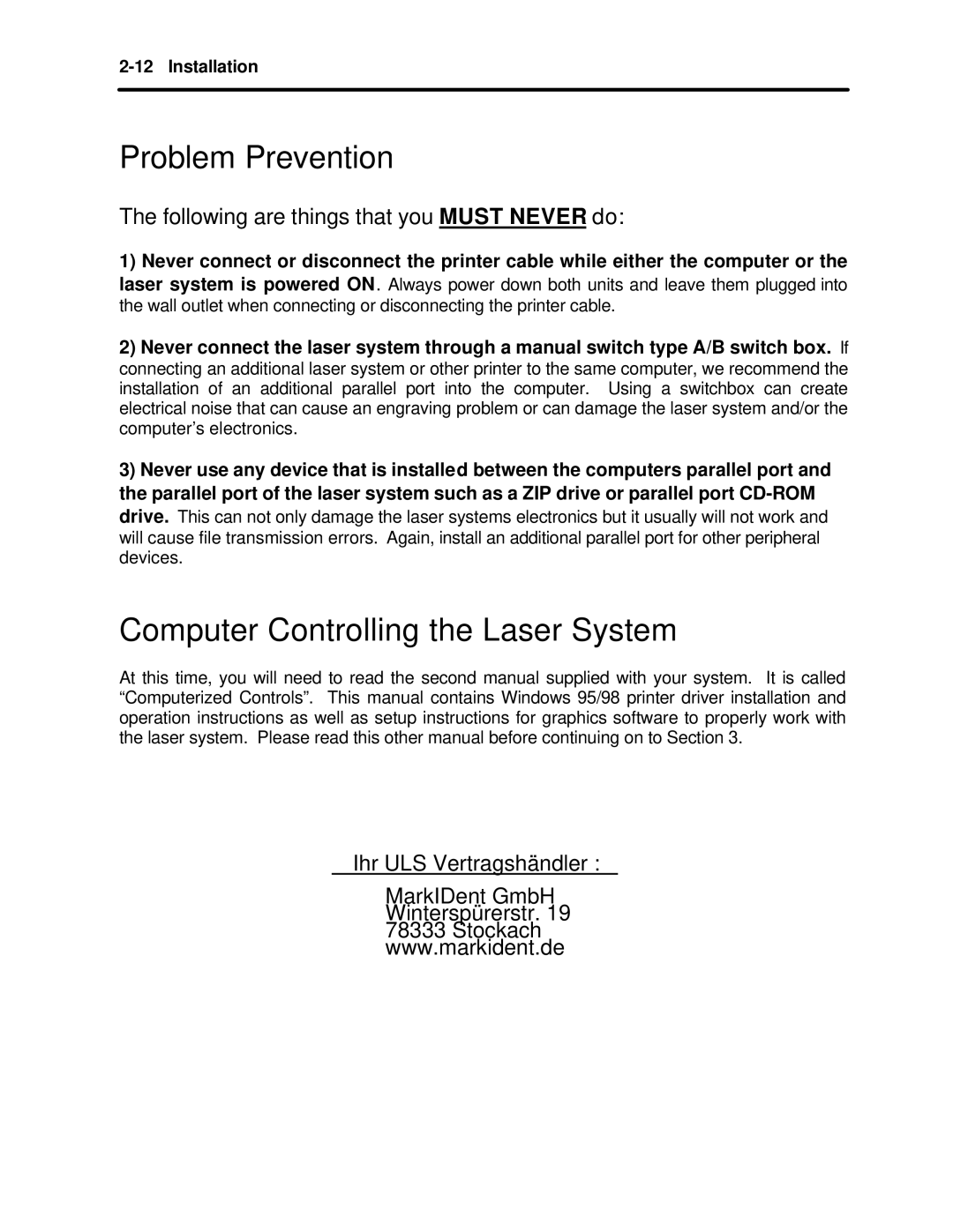 InFocus M-300 manual Problem Prevention, Computer Controlling the Laser System 