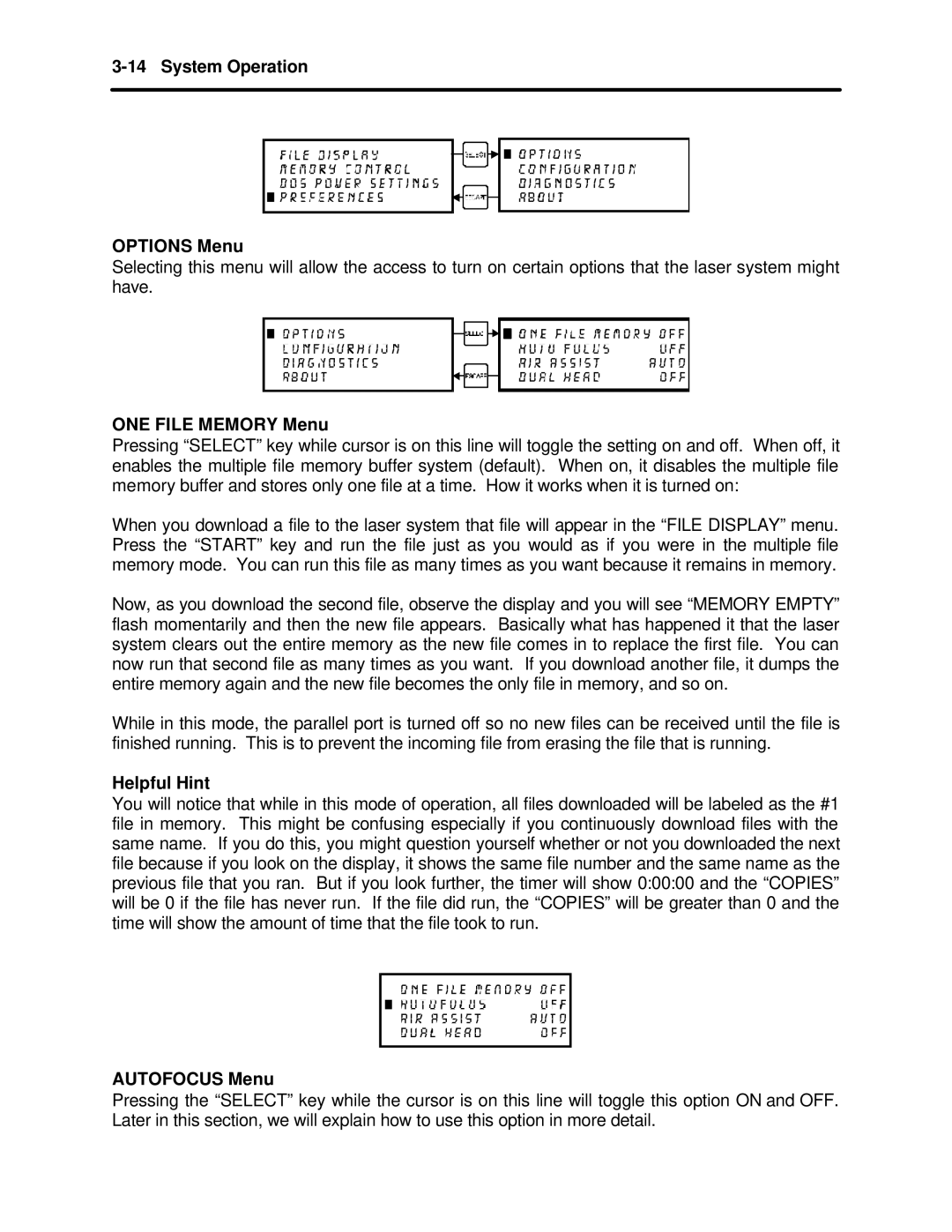 InFocus M-300 manual System Operation Options Menu, ONE File Memory Menu, Helpful Hint, Autofocus Menu 