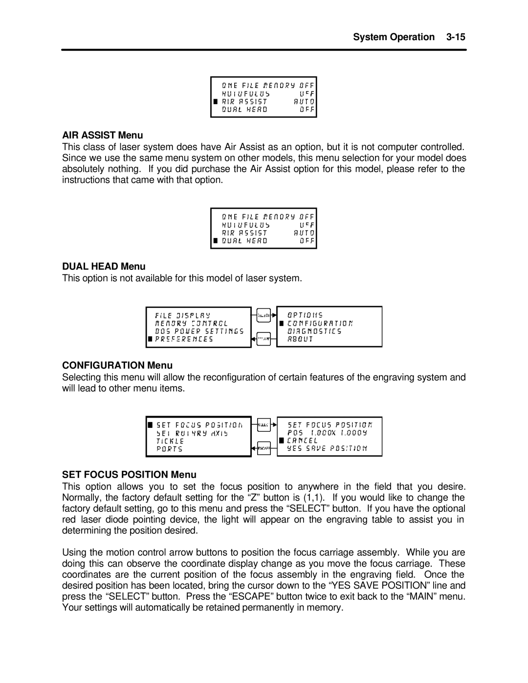 InFocus M-300 manual System Operation AIR Assist Menu, Dual Head Menu, Configuration Menu, SET Focus Position Menu 