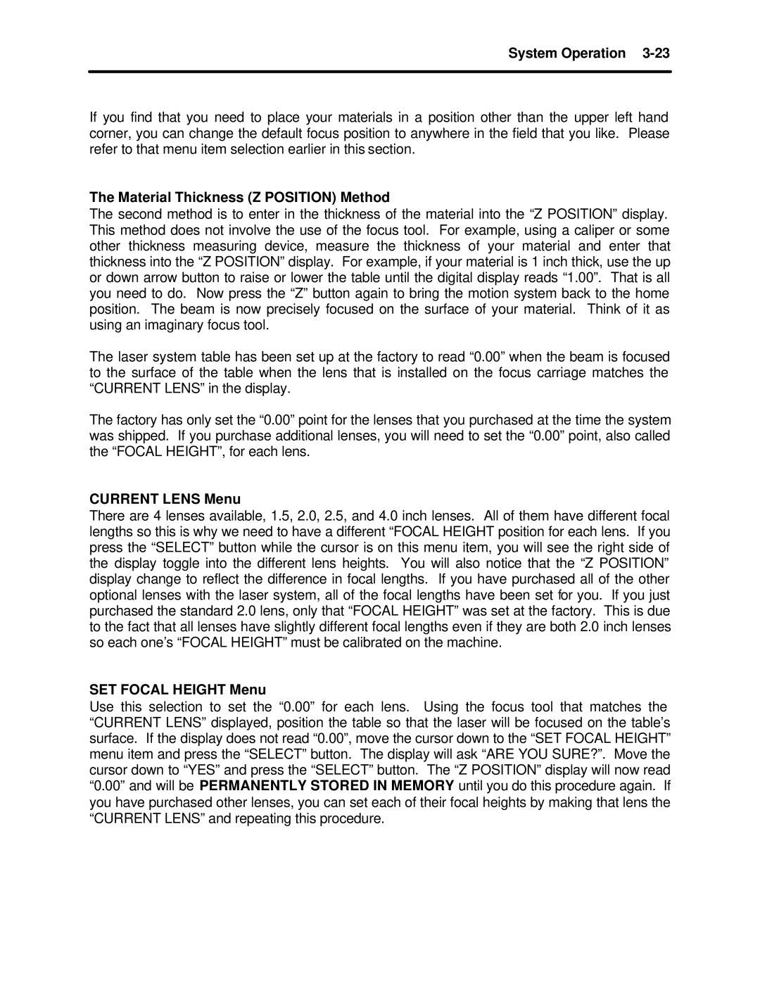 InFocus M-300 manual Material Thickness Z Position Method, Current Lens Menu, SET Focal Height Menu 