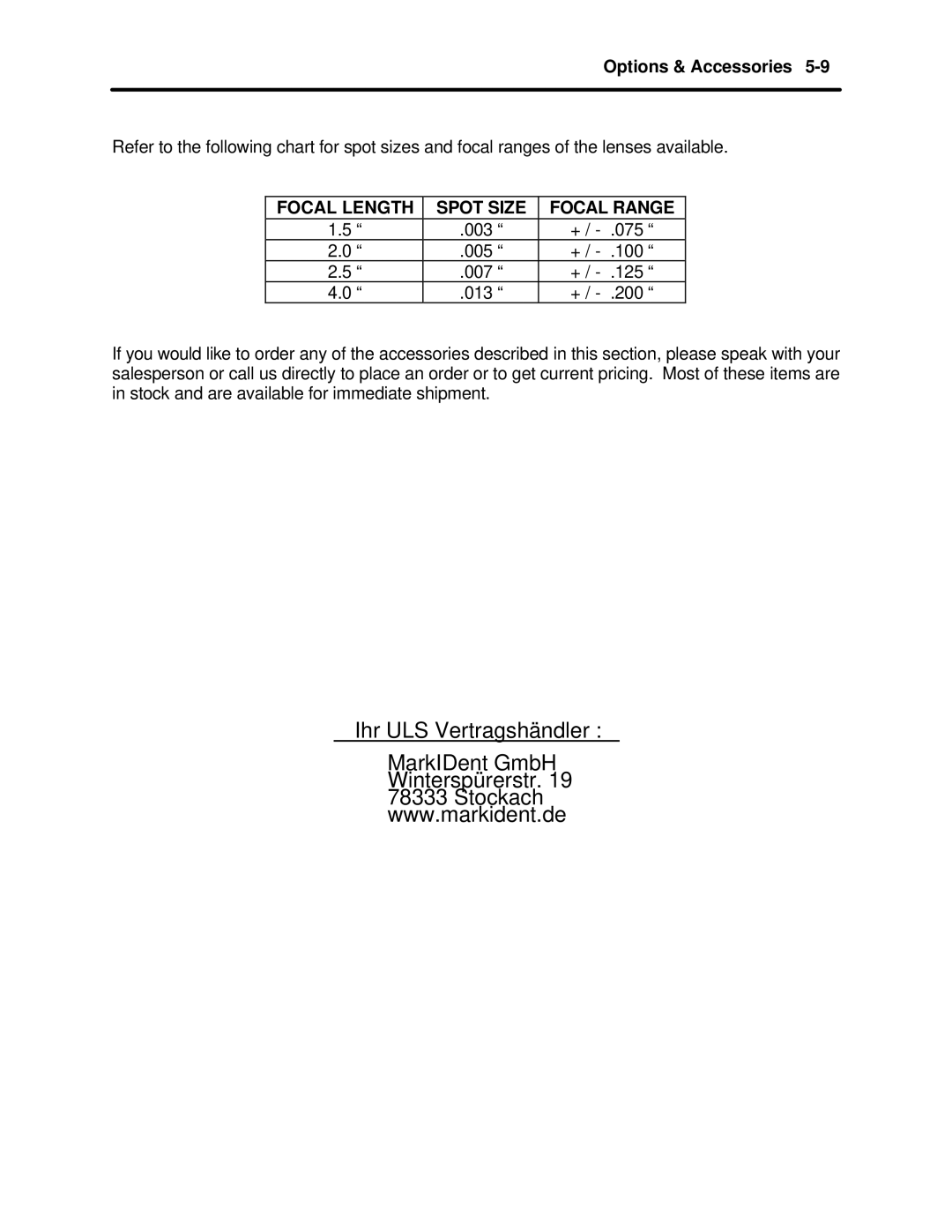 InFocus M-300 manual Focal Length Spot Size Focal Range 