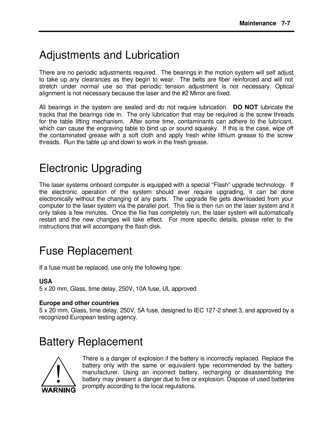 InFocus M-300 manual Adjustments and Lubrication, Electronic Upgrading, Fuse Replacement, Battery Replacement 