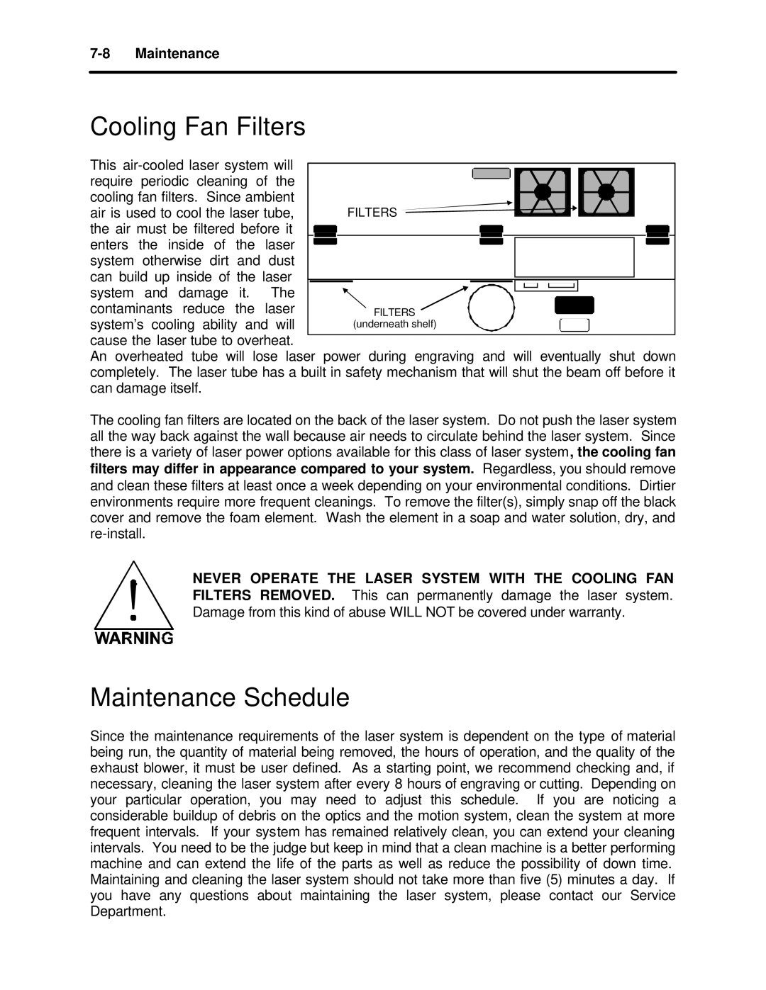 InFocus M-300 manual Cooling Fan Filters, Maintenance Schedule 