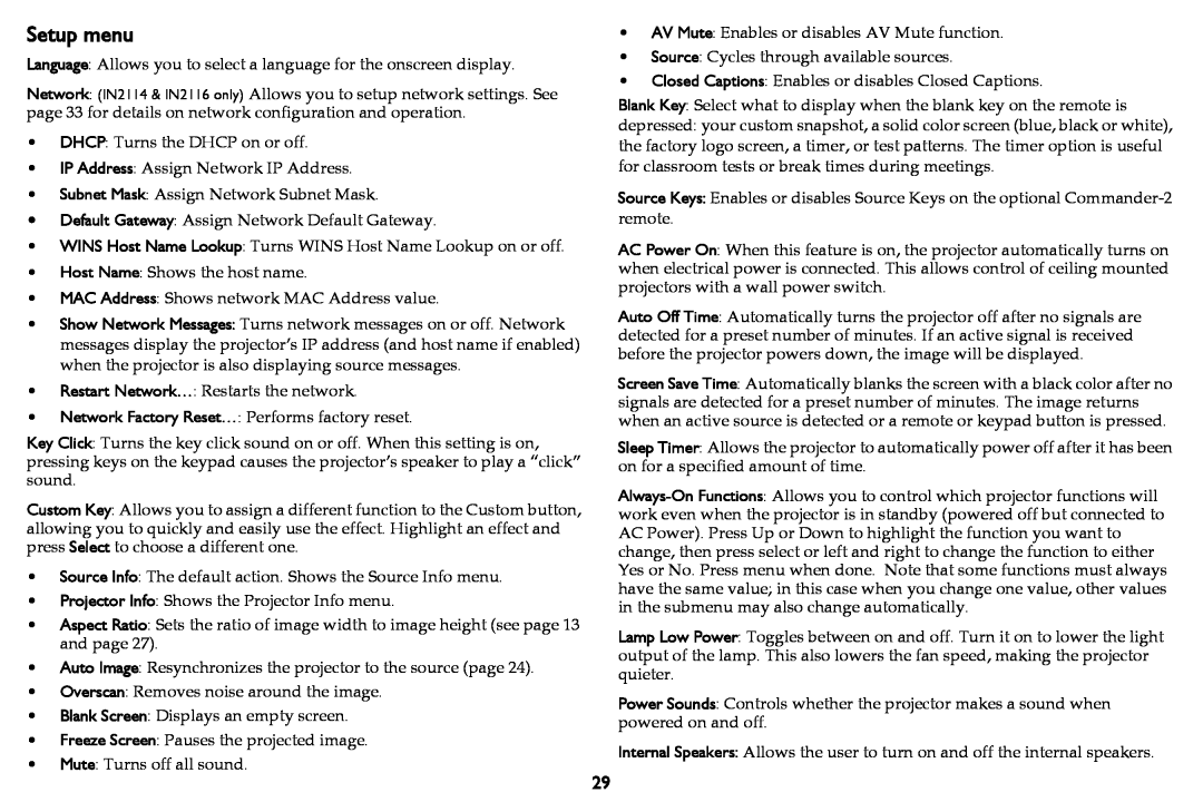 InFocus M2100 manual Setup menu 