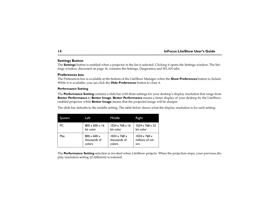 InFocus network adapter manual Settings Button, Preferences box, Performance Setting 