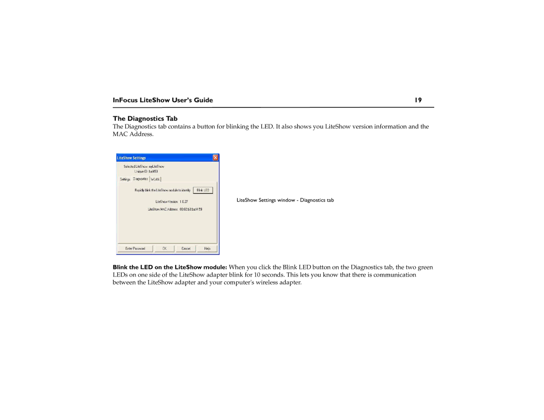 InFocus network adapter manual InFocus LiteShow User’s Guide Diagnostics Tab 