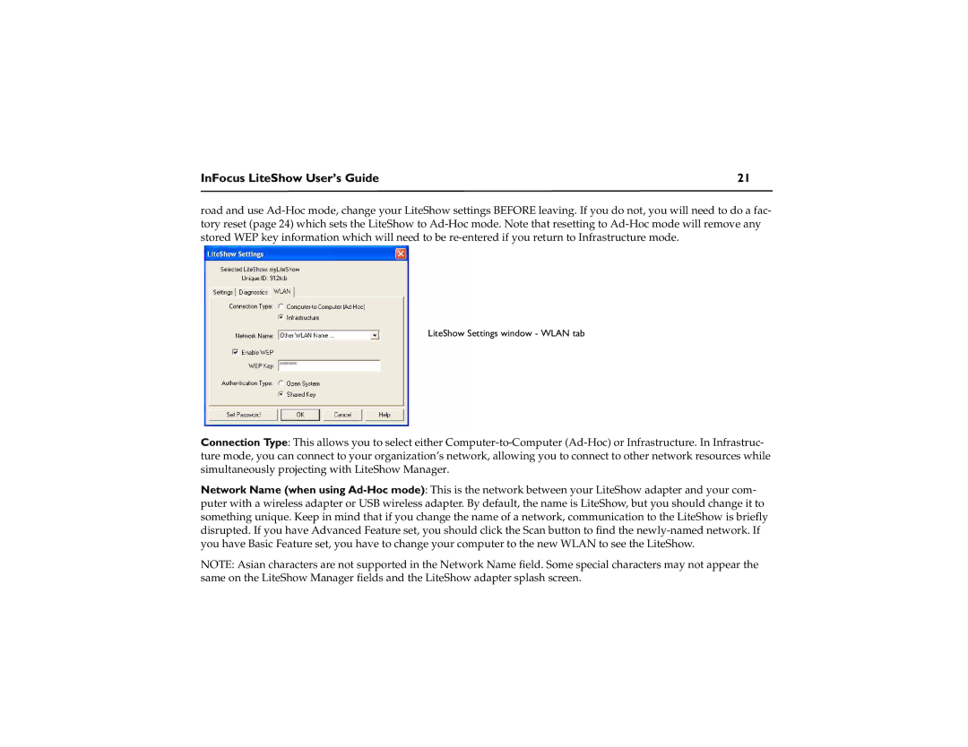 InFocus network adapter manual LiteShow Settings window Wlan tab 