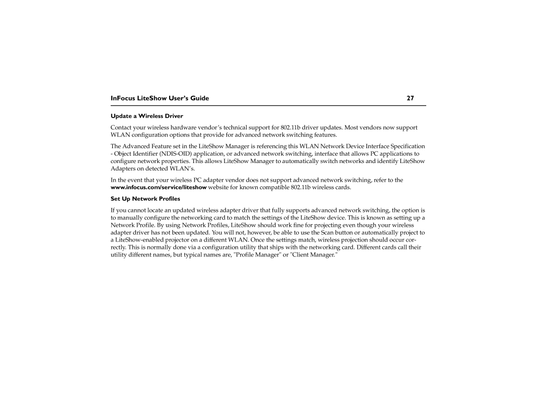 InFocus network adapter manual Update a Wireless Driver, Set Up Network Profiles 