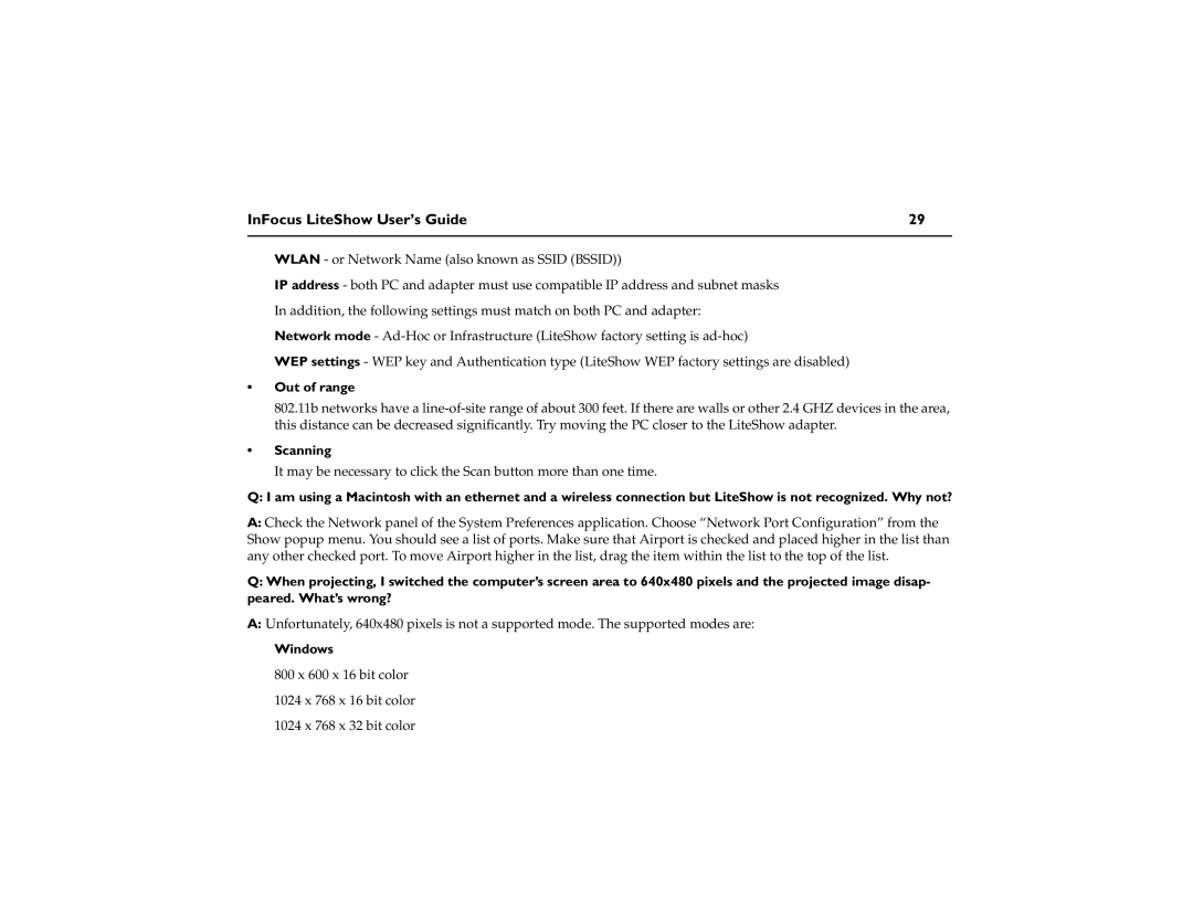 InFocus network adapter manual Out of range, Scanning, Windows 