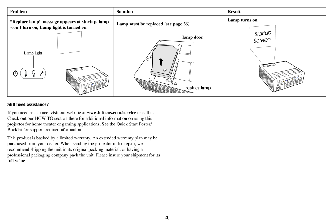 InFocus IN1503 “Replace lamp” message appears at startup, lamp, Lamp must be replaced see page, lamp door, Startup Screen 