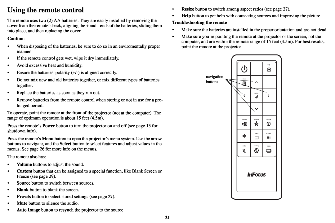 InFocus P1501, IN1503 manual Using the remote control, Troubleshooting the remote 