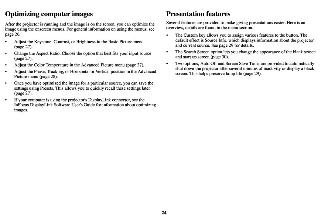 InFocus IN1503, P1501 manual Optimizing computer images, Presentation features 