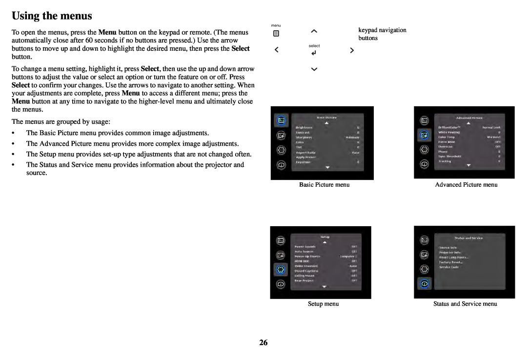 InFocus IN1503, P1501 manual Using the menus 