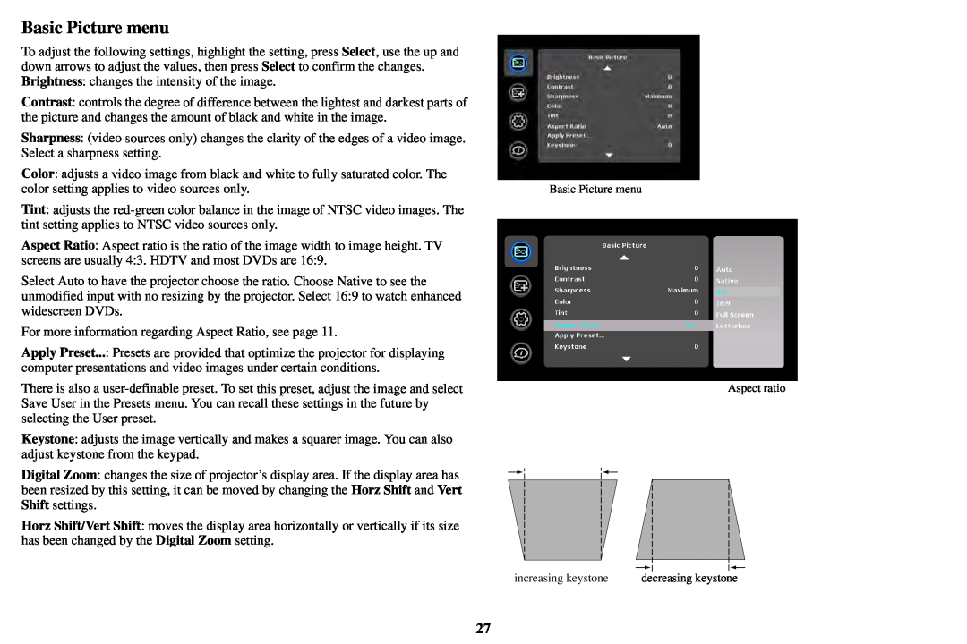 InFocus P1501, IN1503 manual Basic Picture menu 