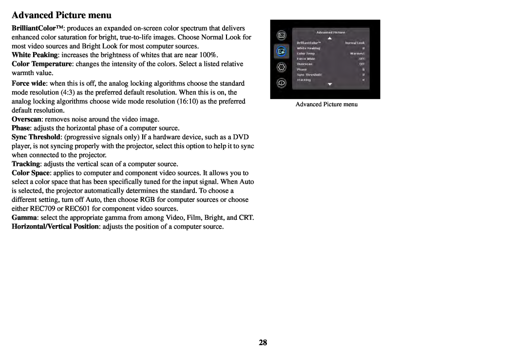 InFocus IN1503, P1501 manual Advanced Picture menu 