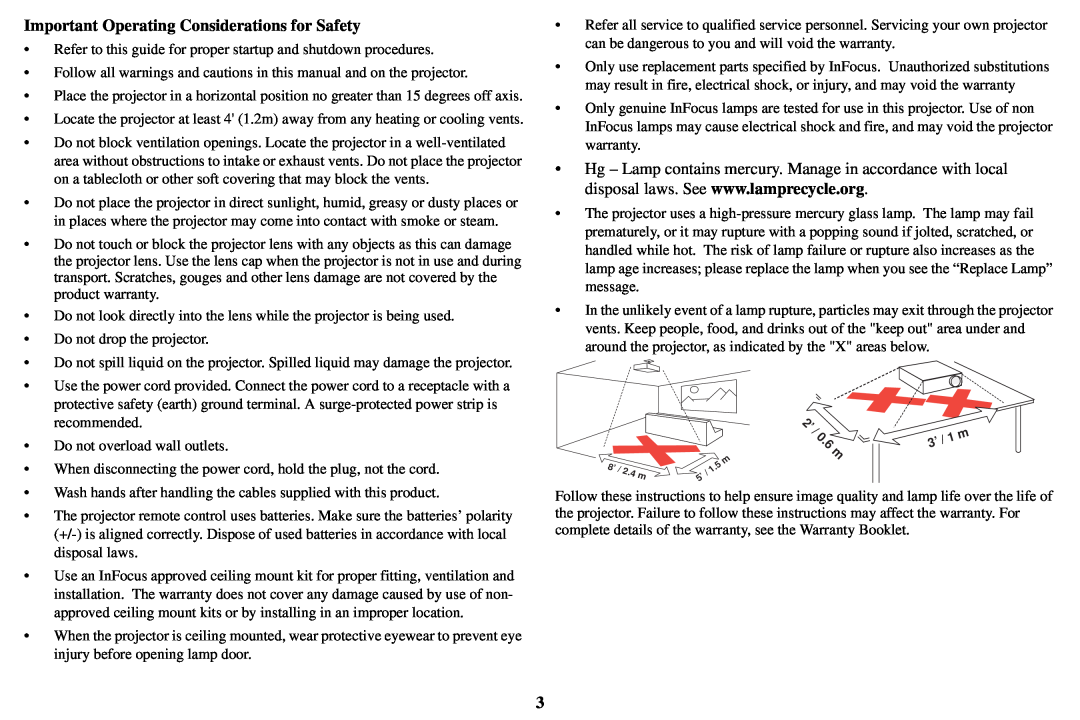 InFocus P1501, IN1503 manual Important Operating Considerations for Safety 