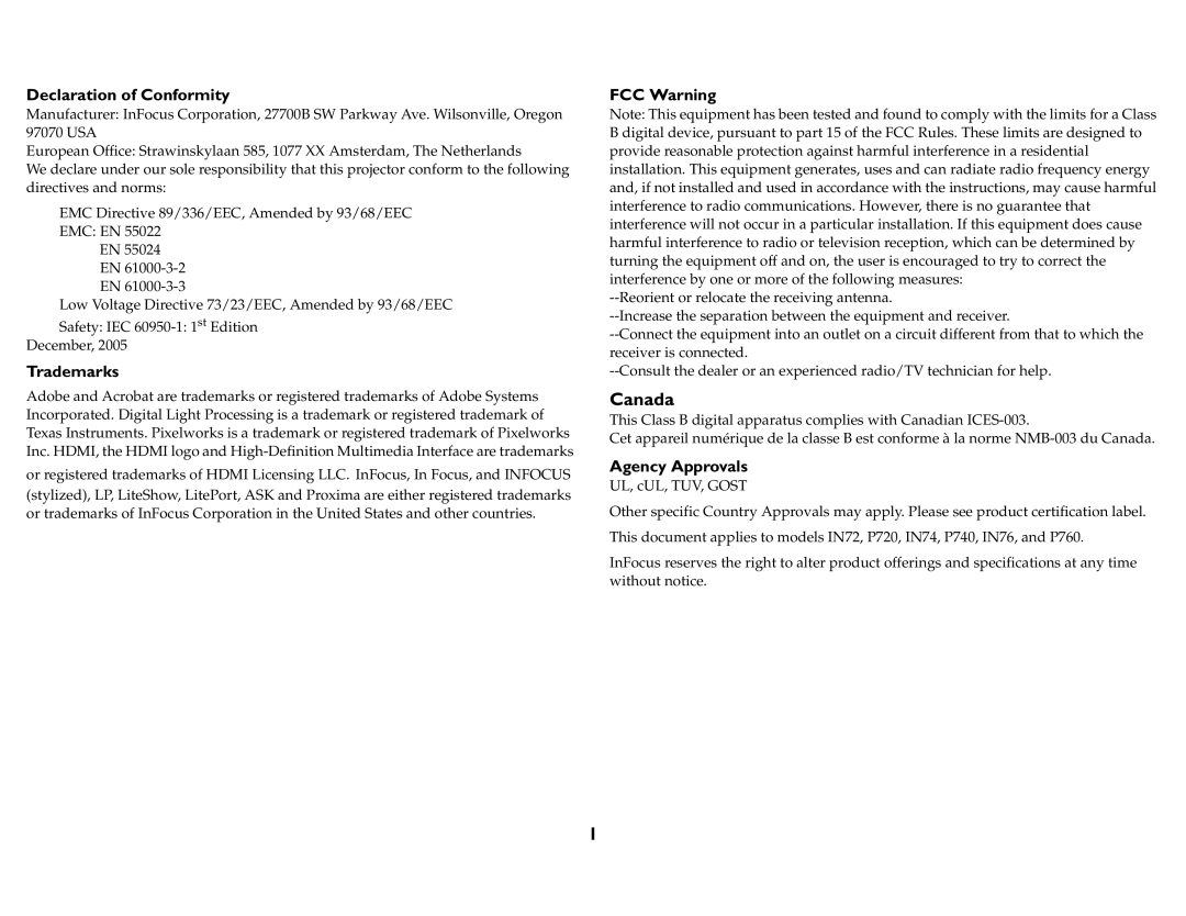 InFocus IN74, P720, P760, P740, IN76, IN72 manual Canada, Declaration of Conformity 