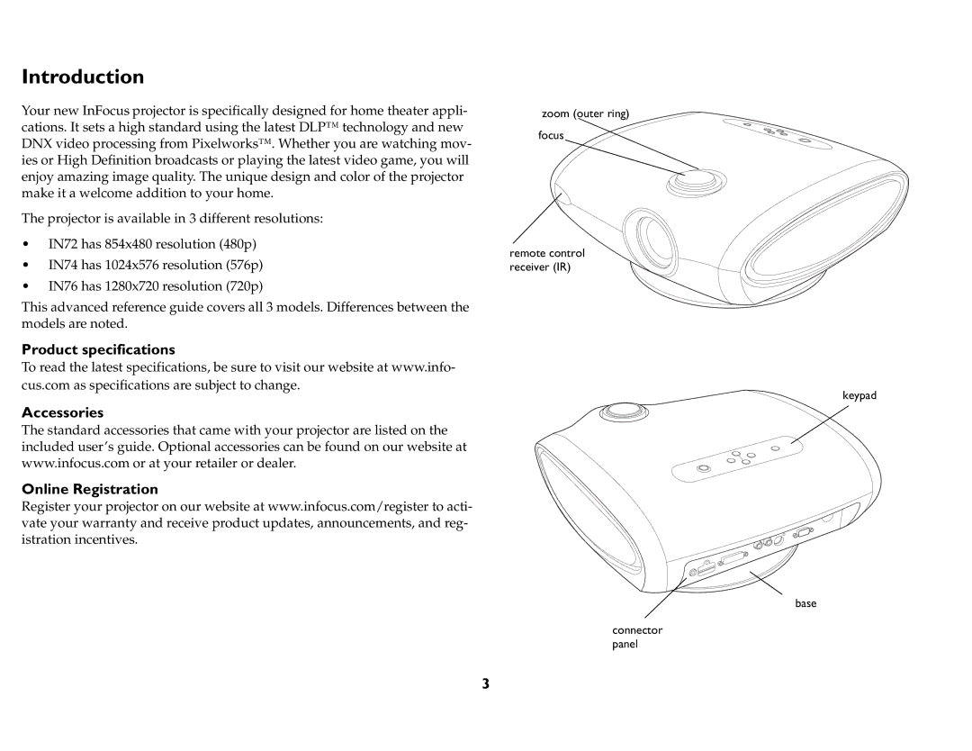 InFocus P720, P760, P740, IN76, IN74, IN72 manual Introduction, Product specifications Accessories Online Registration 