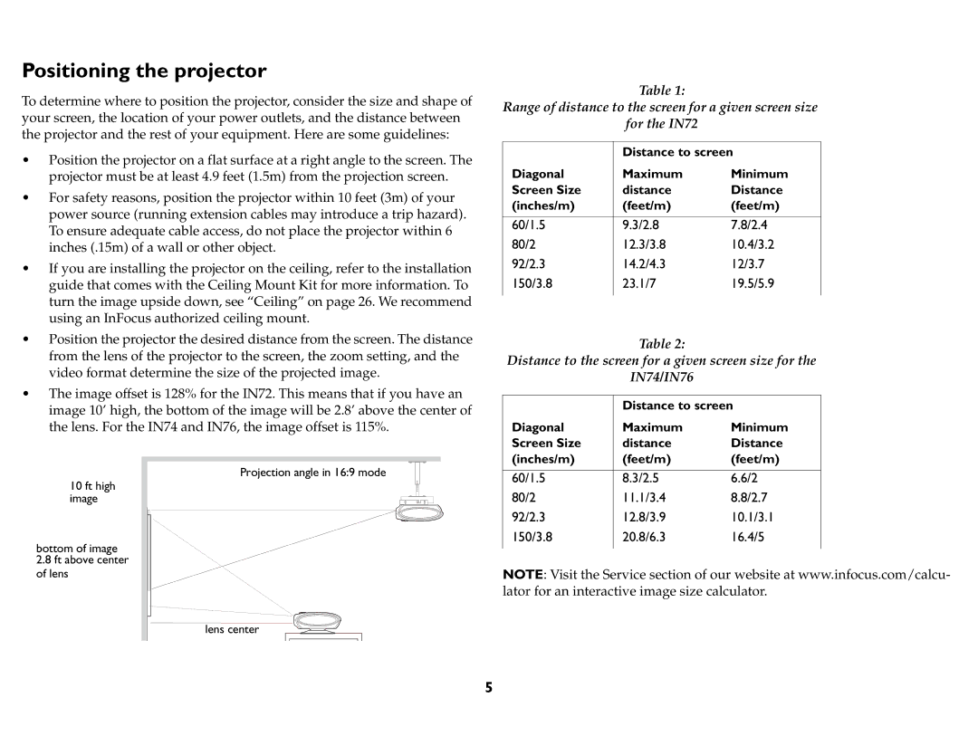 InFocus P740, P720, P760, IN76, IN74, IN72 manual Positioning the projector, Screen Size Distance  