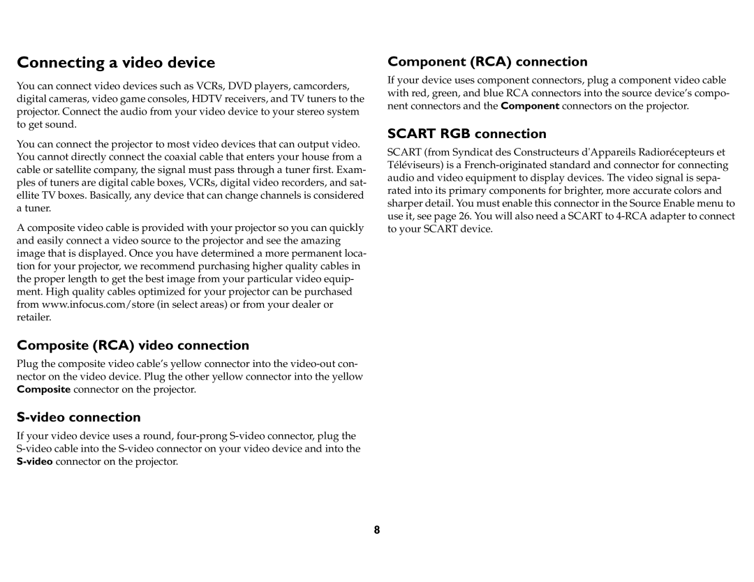 InFocus IN72, P720 Connecting a video device, Composite RCA video connection, Video connection, Component RCA connection 