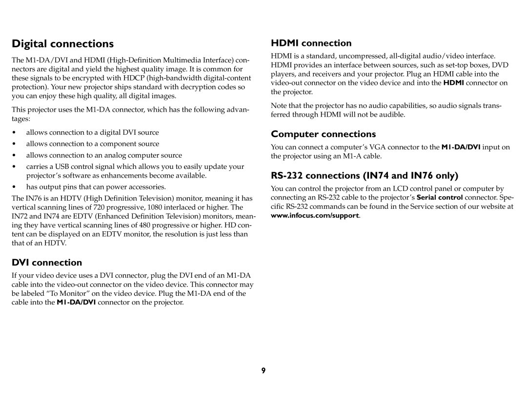 InFocus P720, P760, P740, IN76, IN74, IN72 manual Digital connections, DVI connection, Hdmi connection, Computer connections 