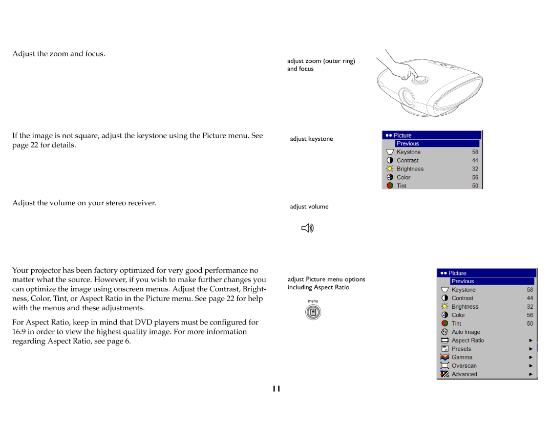 InFocus P740, P720, P760, IN76, IN74, IN72 manual Adjust Picture menu options including Aspect Ratio 