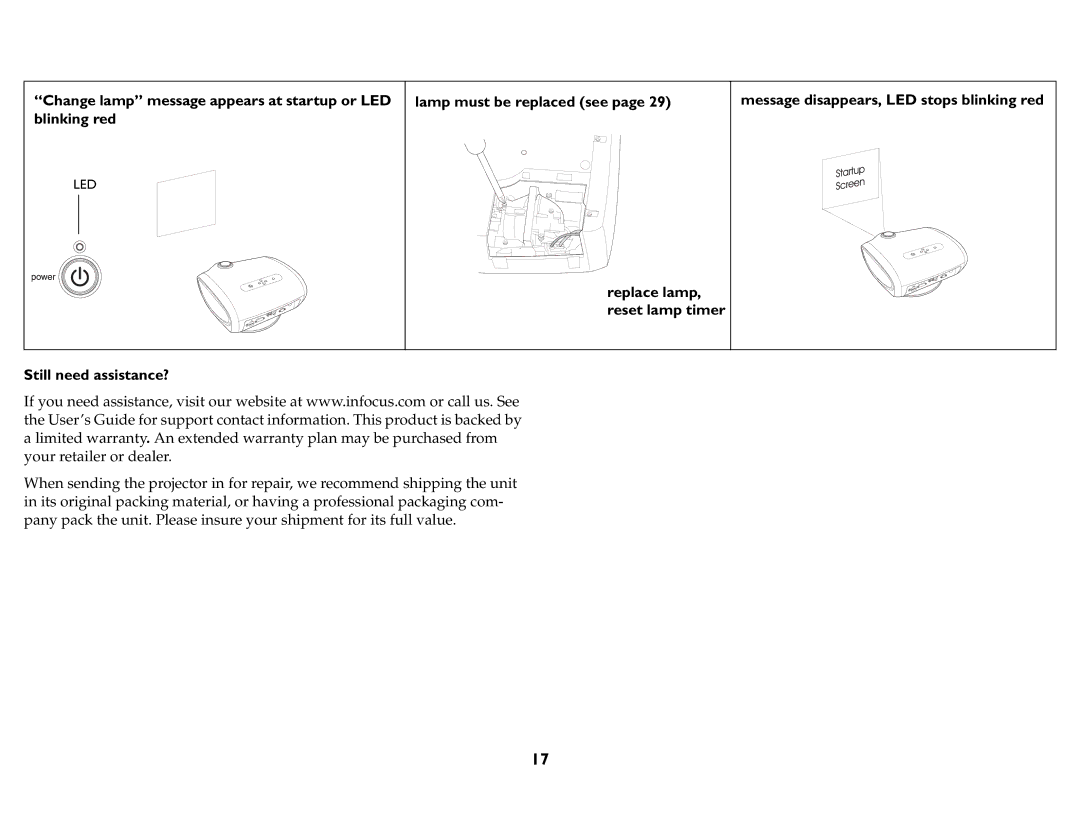 InFocus P740, P720, P760, IN76, IN74, IN72 manual Change lamp message appears at startup or LED blinking red 