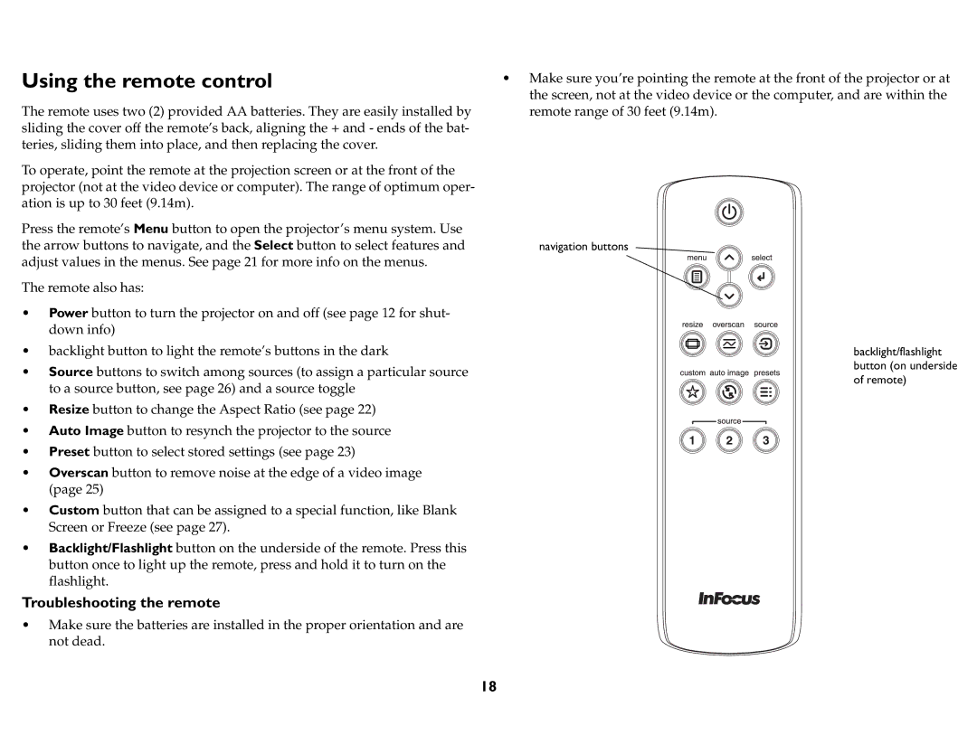 InFocus IN76, P720, P760, P740, IN74, IN72 manual Using the remote control, Troubleshooting the remote 